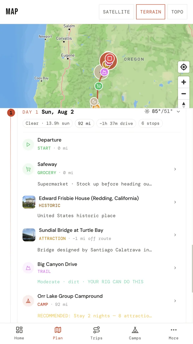 TrailSync route planner screen