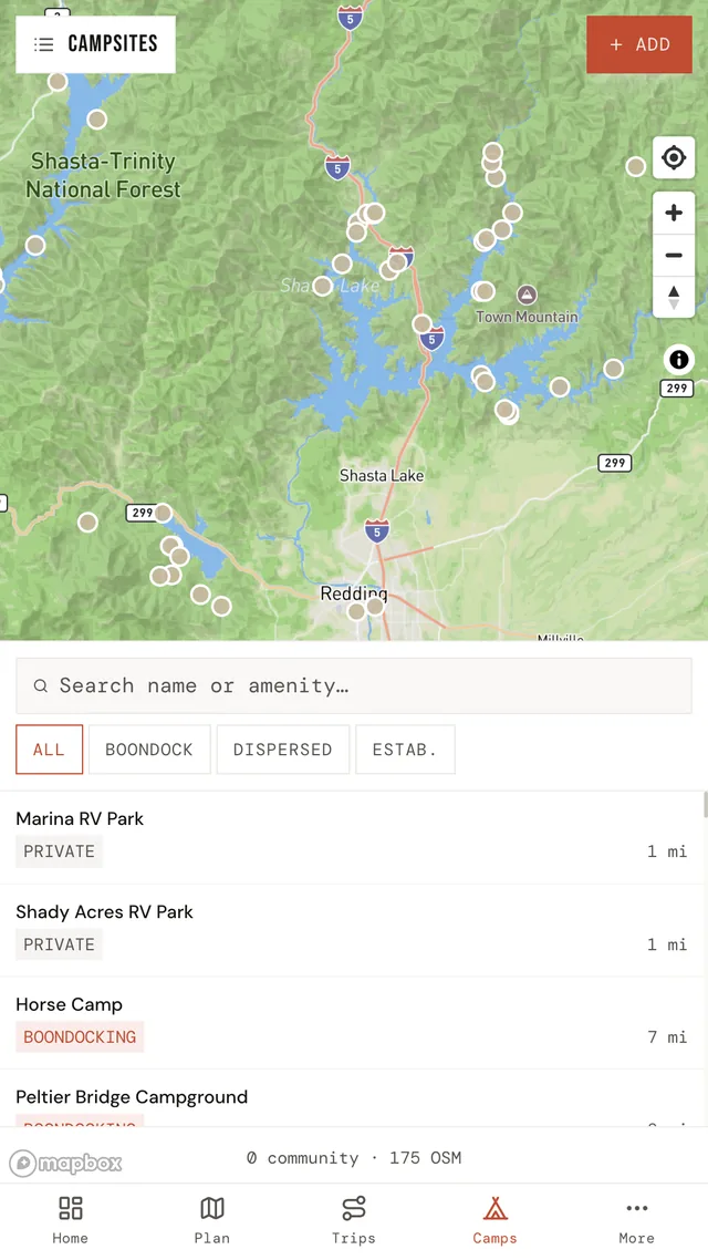 TrailSync campsites screen