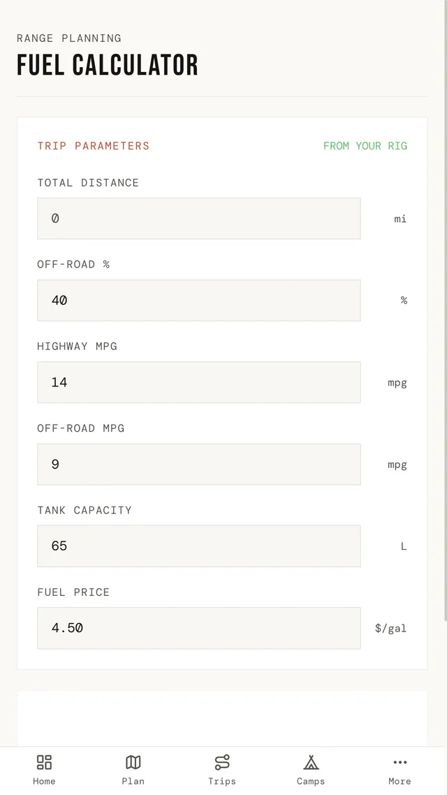 TrailSync fuel planning screen